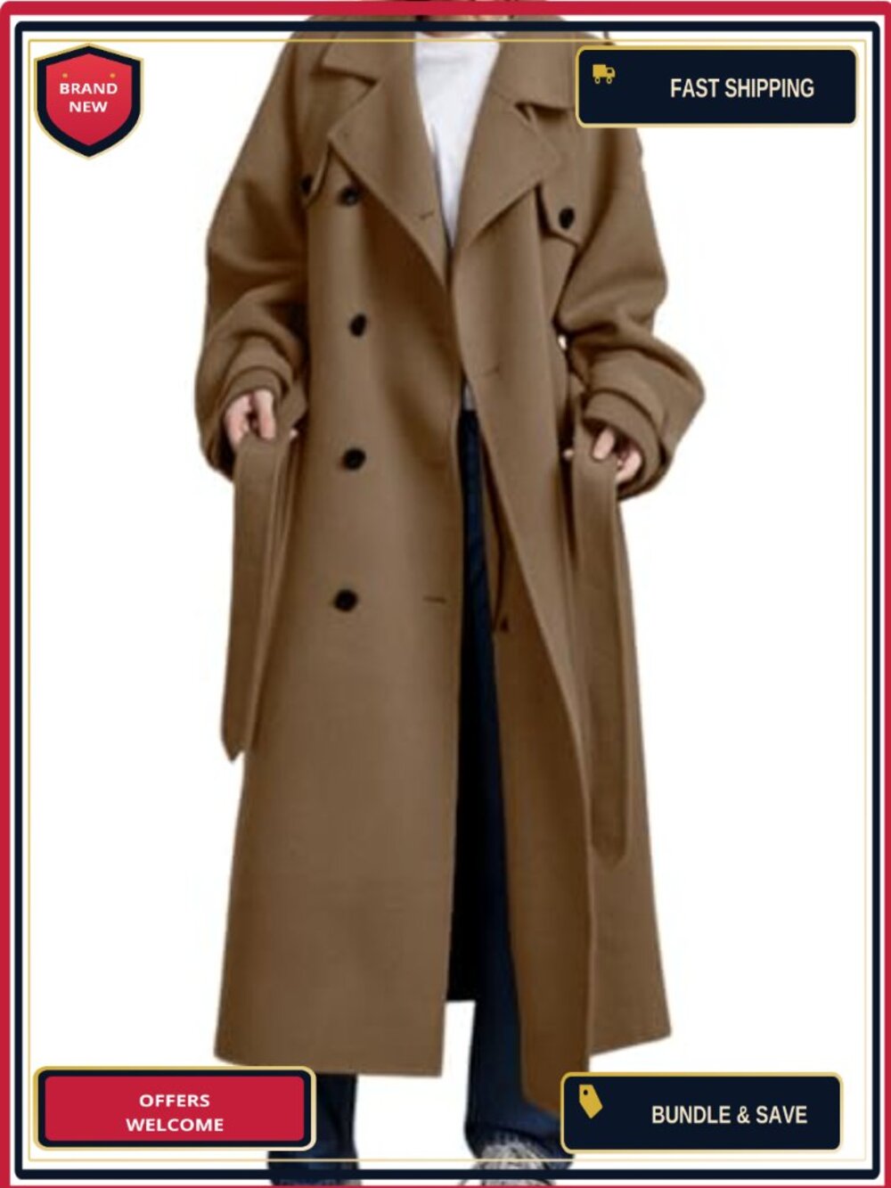 Women's Double Breasted Wool Blend Pea Coat Midi Long Winter Trench Coat with